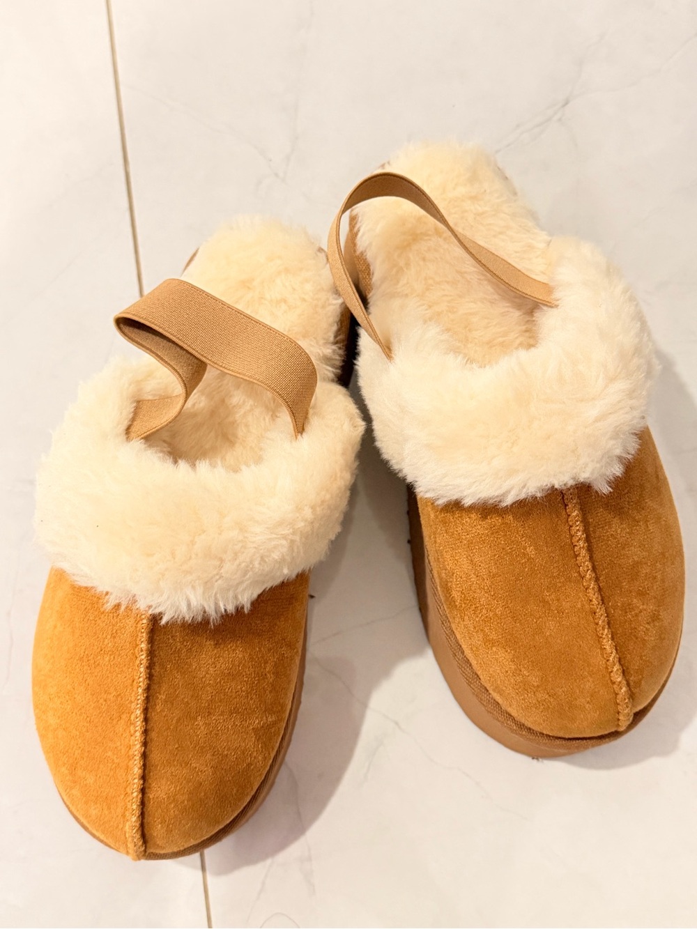Women's Shearling-Trim Slip-On Slippers in Tan